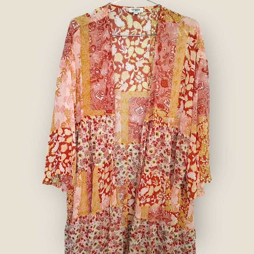 Umgee Pink Coral Gold Floral Patchwork Kimono Coverup